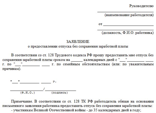 Leave without pay according to the Labor Code of the Russian Federation: sample application, at the initiative of the employee and employer, maximum period, how to apply